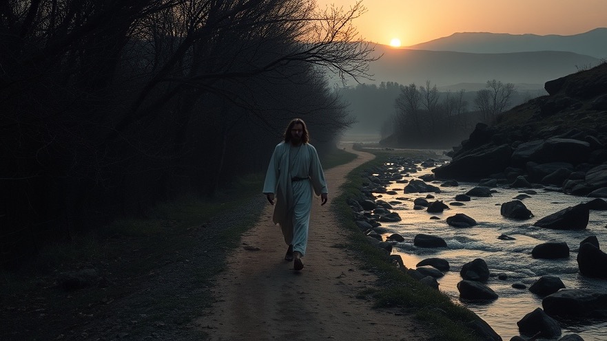 Jesus embodies divine intervention on a tranquil path, surrounded by nature's beauty.