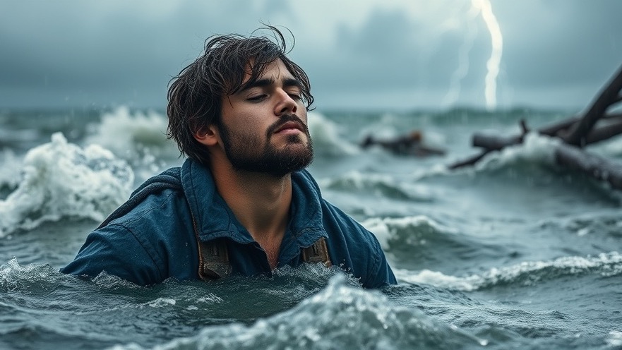 Young man stands unwavering in a stormy ocean, embodying strength in Christ and faith empowerment.