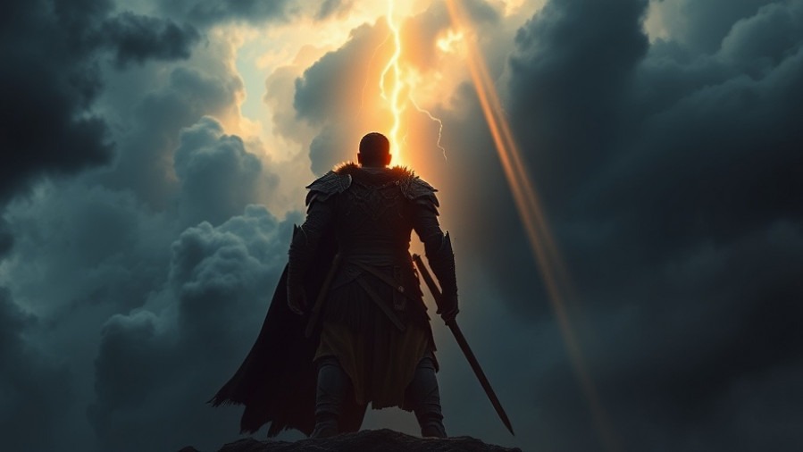 Cinematic warrior embodies the power of prayer in spiritual warfare, illuminated by light.
