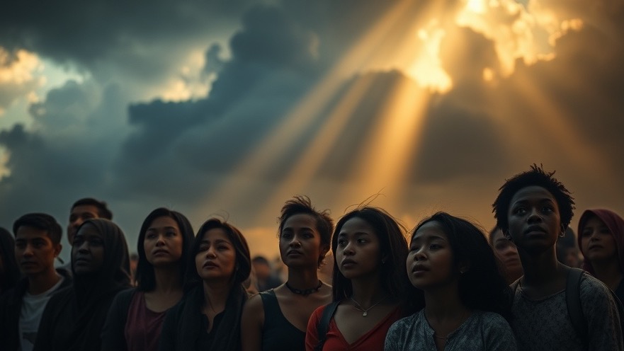 A diverse group anticipates the Rapture, evoking biblical prophecy and spiritual preparedness.