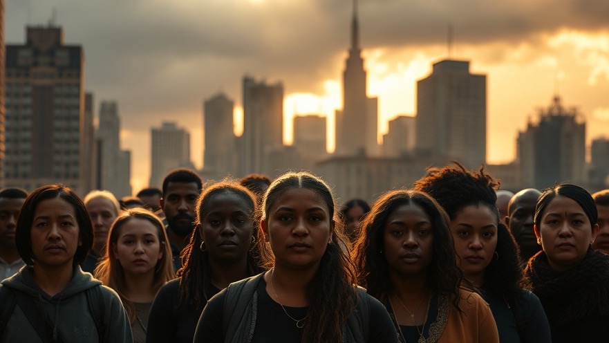 Diverse individuals united in hope, embodying prophetic insights amidst a shadowed city.