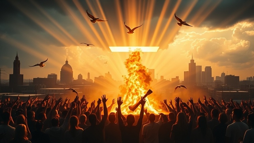 Cinematic altar scene in a cityscape, embodying themes of bankruptcy, prophecy, and spiritual awakening.