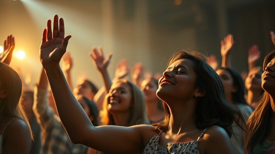 A diverse group joyfully worshipping, experiencing spiritual renewal and identity in Christ.