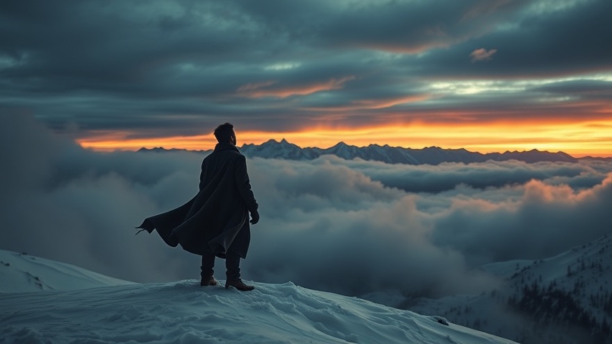 A lone man on a snowy ridge gazes at fiery skies, embodying prophetic believers and gifts of the Spirit.