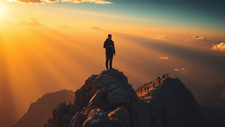Master strategist at sunrise, embodying divine leadership atop a mountain peak.