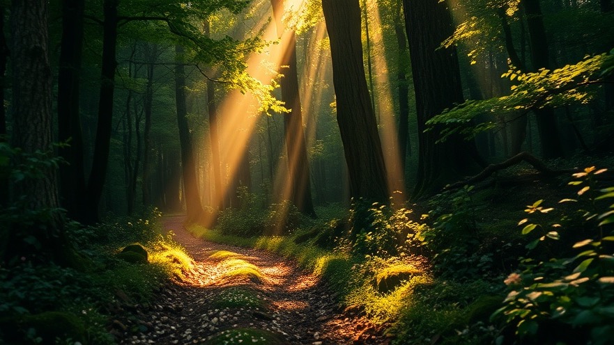 A spiritual breakthrough awaits on this forest path, bathed in golden light and hope.