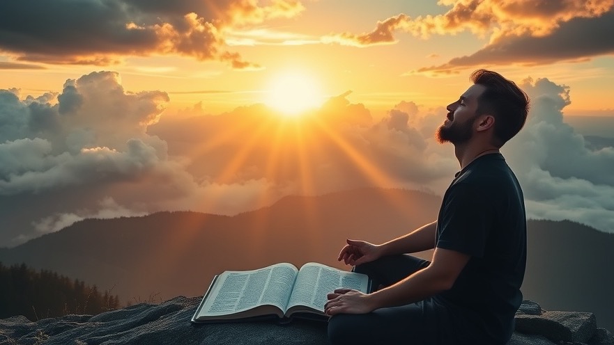 A person meditating at sunrise with an open Bible, embodying faith and hope.