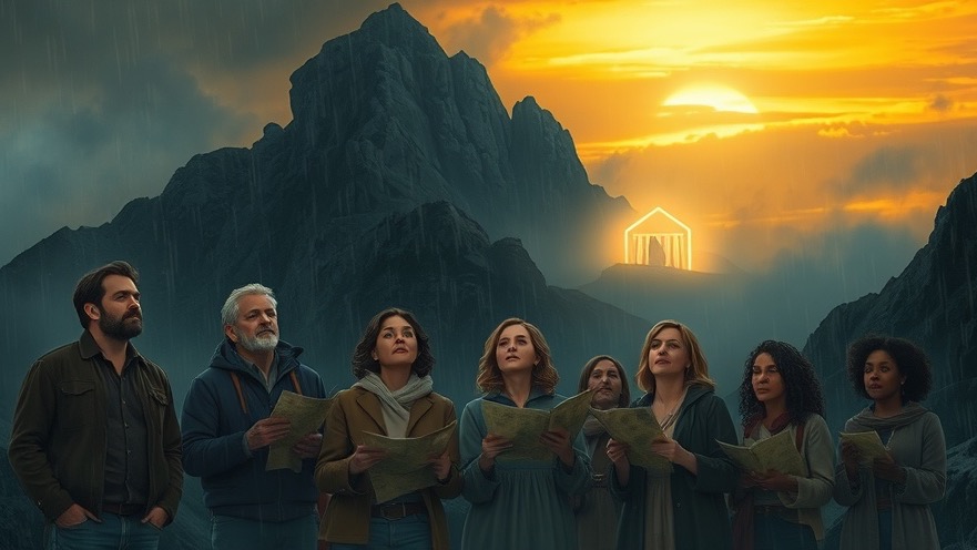 A diverse group gazes at a radiant Noah's Ark atop misty Mount Ararat, embodying faith.