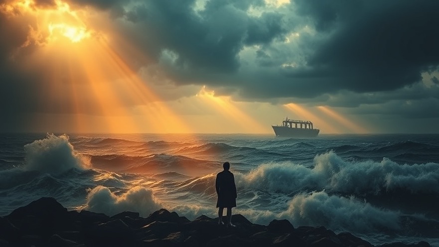 Lone silhouette on rocky shore, reflecting on Noah's Ark amid stormy sea.