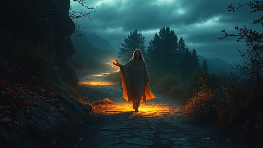 A traveler guided by the Holy Spirit through a stormy wilderness, embracing a Spirit-filled life.