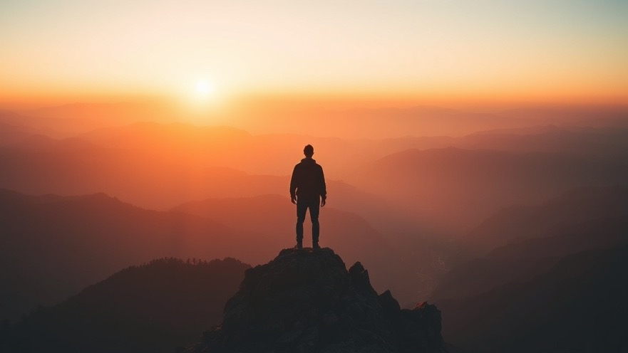 Person on mountain peak at sunrise, embracing life calling and spiritual growth.