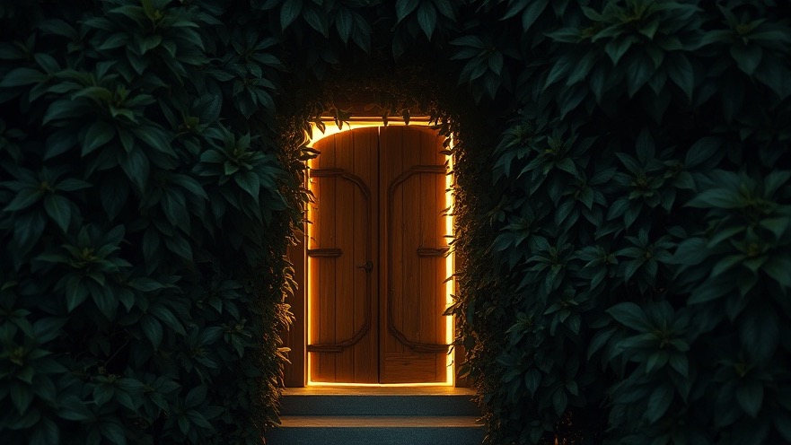 Ancient doorway illuminated in greenery, symbolizing spiritual growth and new beginnings.