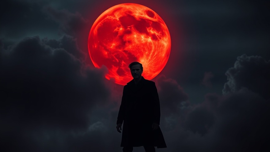 Joseph Z in spiritual warfare against a fiery red moon and stormy night sky.