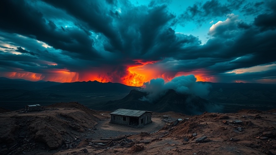 Cinematic view of desolate mountains under fiery clouds, embodying prophetic journalism themes.