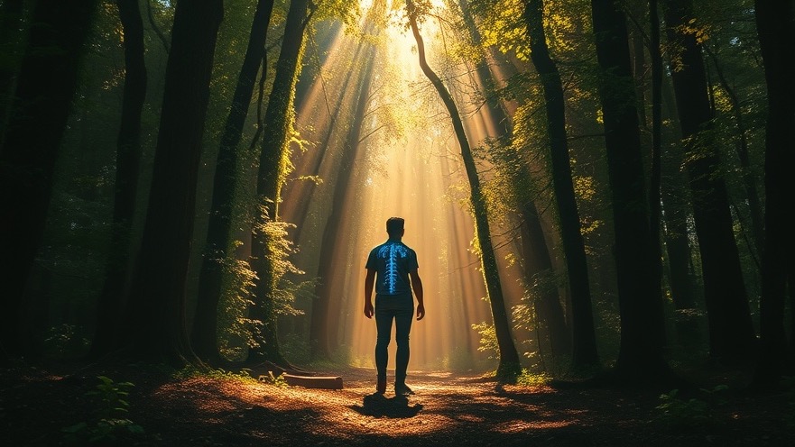 A person in a sunlit forest embodies faith-driven wellness with glowing energy.