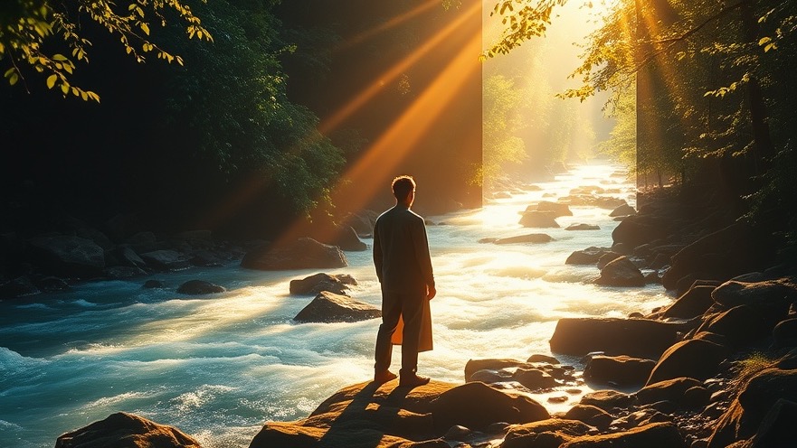 A serene figure in a forest, experiencing divine communication by a flowing river.