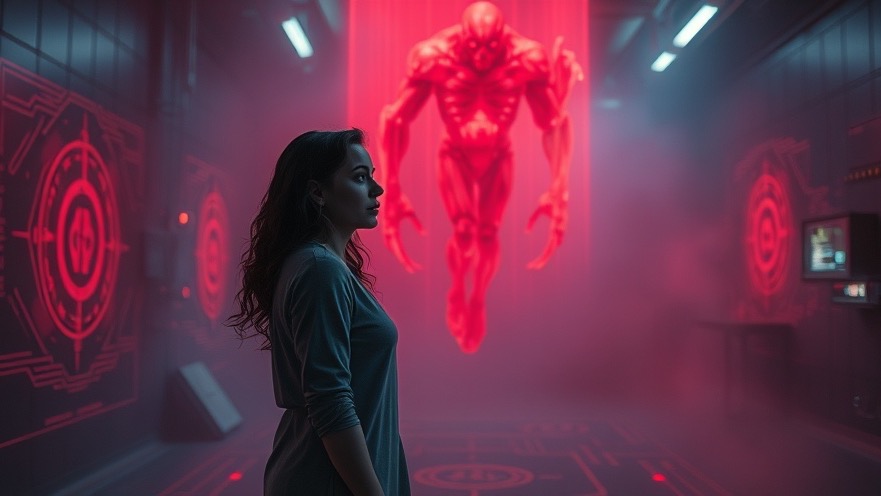 Thoughtful woman gazes at a hologram in a tech lab, embodying Alan Didio's prophetic believers' themes.