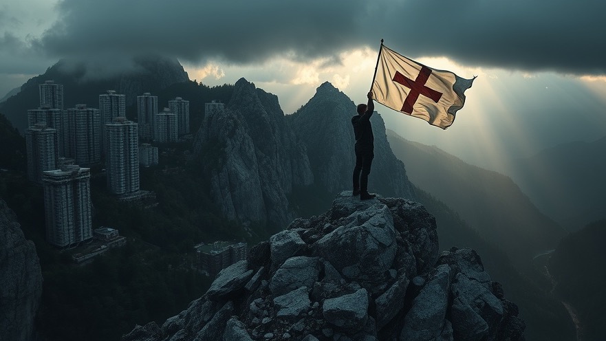 A man waves a white flag with a cross atop a mountain, embodying America Praise and faith-based values.