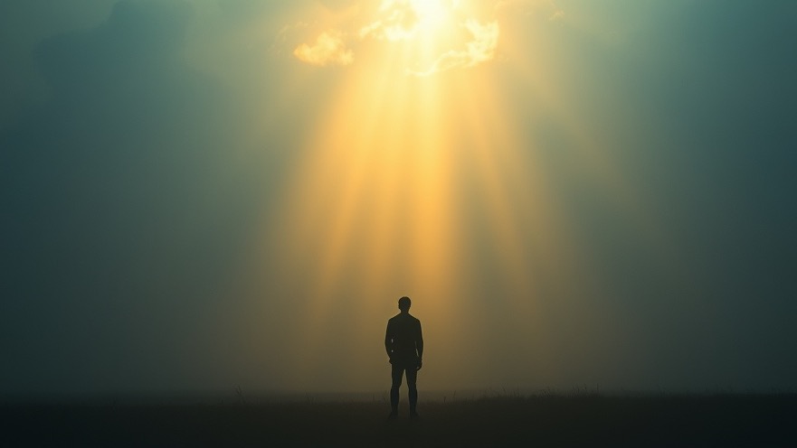 A solitary figure in a misty landscape reflecting on spiritual unity and the power of prayer.