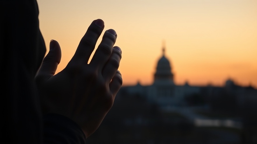 Hand in prayer with Washington D.C. skyline, symbolizing national prayer and unity in Christ.