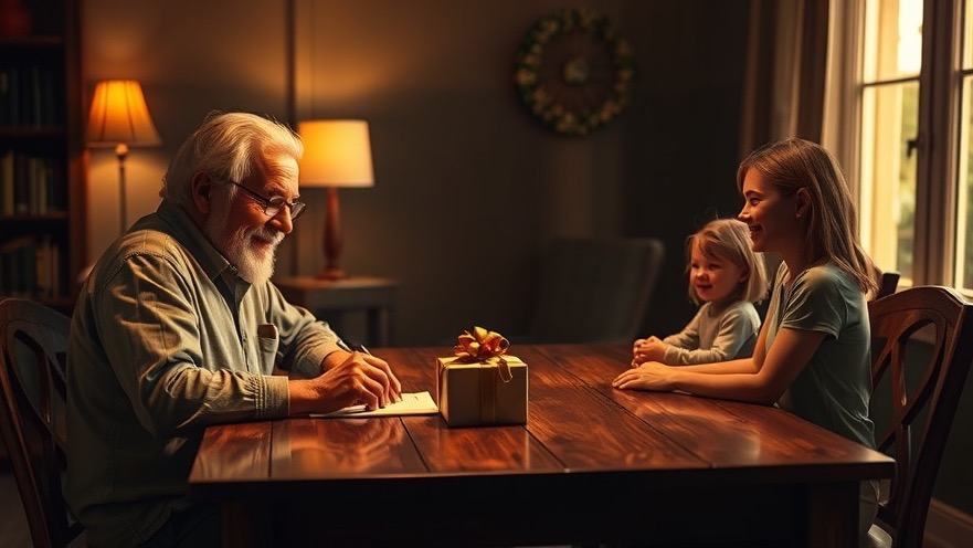 Generous giving scene: an older man writing a check for community empowerment with a smiling family.