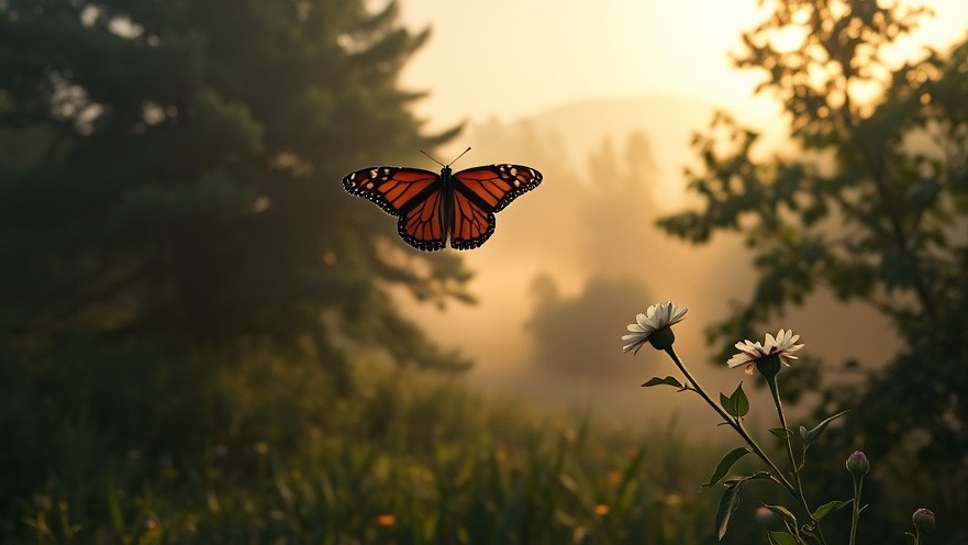 A monarch butterfly in flight symbolizes metamorphosis and spiritual growth, illuminated by morning light.