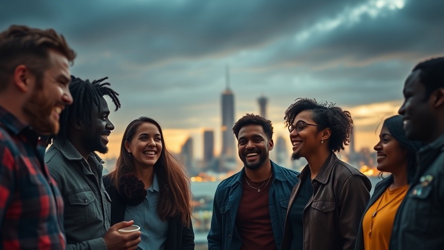 Diverse individuals embodying cultural influence with passion against a city skyline.