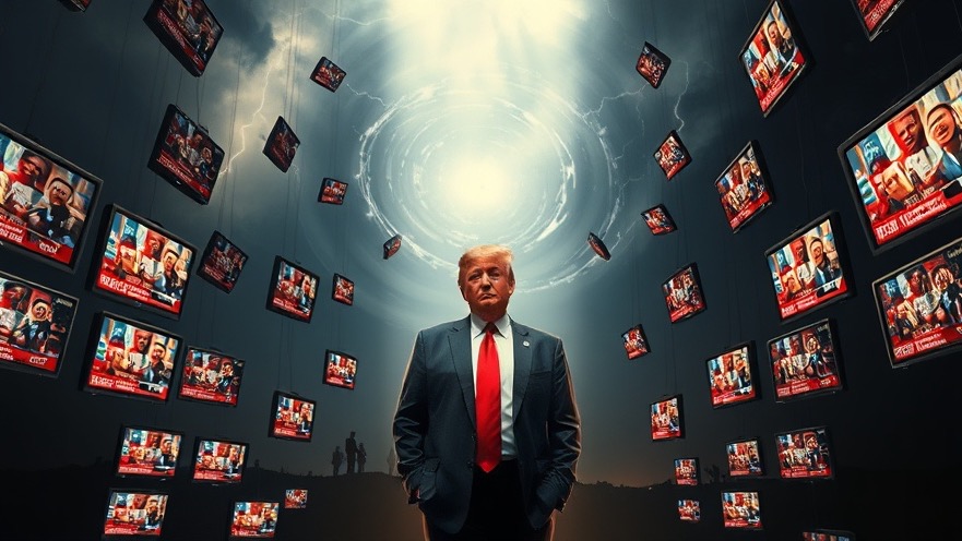 Dramatic portrayal of Trump on stage amidst chaotic media, embodying political spiritual insights.