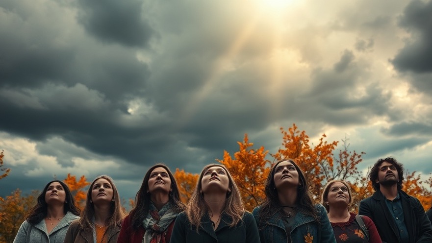 Diverse group gazing upwards in awe, embodying prophetic events near the Feast of Trumpets.