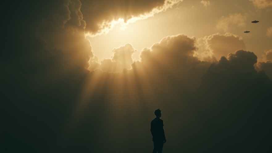 A solitary figure in spiritual warfare gazes at a radiant sky, illuminated by prophetic revelation.