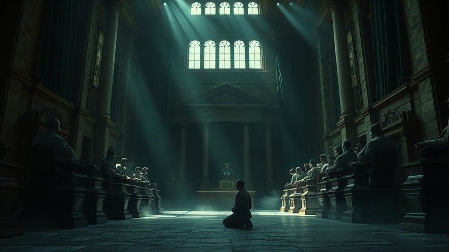 A dim courtroom scene illustrating judicial power and spiritual warfare, invoking a prayer for justice.