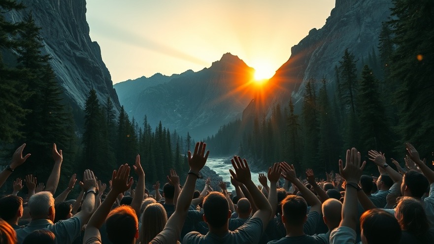 Dynamic worship scene embodying mantles and revival, illuminated by nature's beauty.