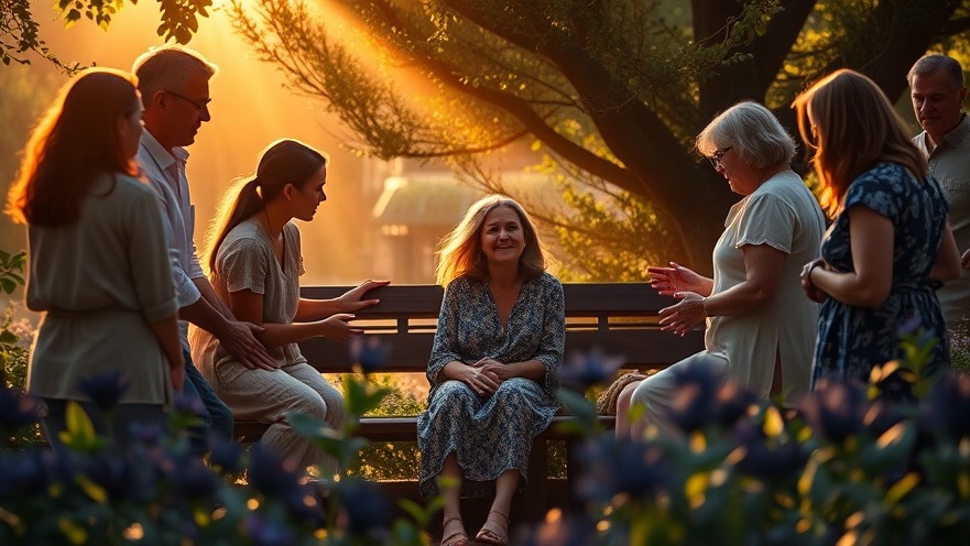 A diverse group supporting a young widow, embodying compassion and hope in a golden-lit garden.