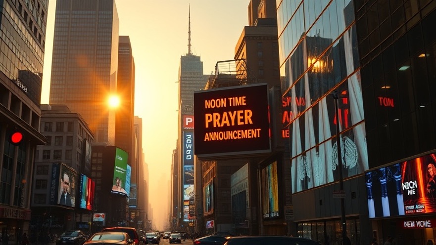 Cinematic NYC sunrise with a powerful prayer announcement, inspiring personal breakthroughs.