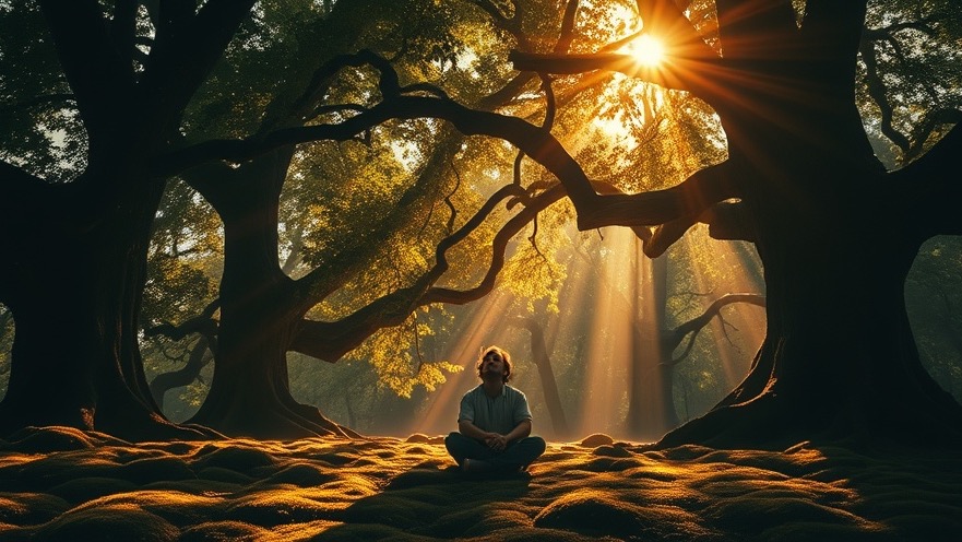 A serene moment of prayer and spiritual breakthrough under ancient trees, inspired by Mario Murillo.