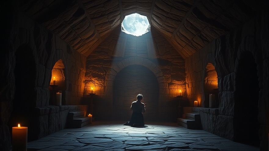 Jesus' prayer in a serene grotto, illuminated by candlelight and moonlight.