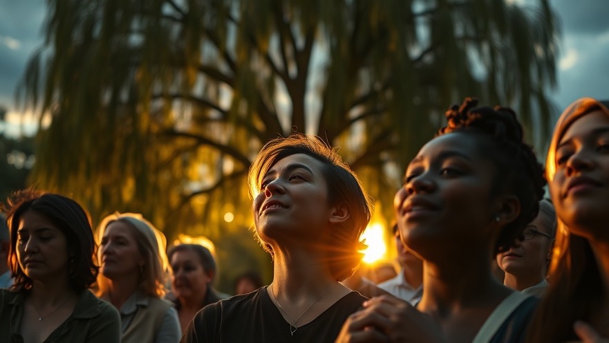 Diverse group engaging in prayer reflects James Goll's teachings on Miracles and Healings.