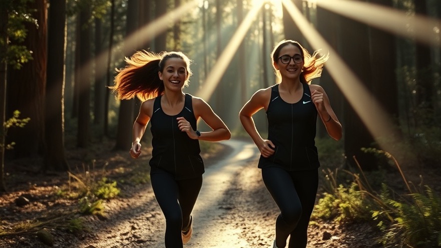 Two young women in modern runners gear sprinting on a forest trail, embodying positivity and holistic wellness.