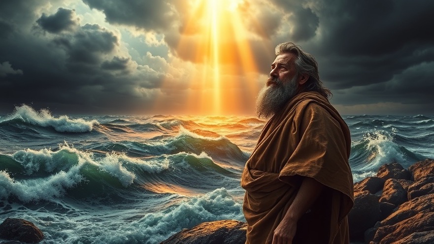 Noah stands contemplatively by a turbulent ocean, embodying faith amid spiritual warfare.