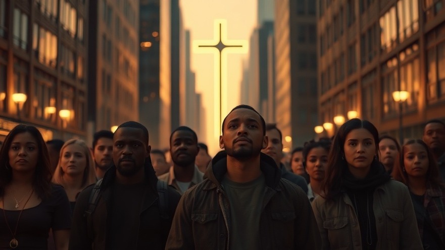 A diverse group united in prayer under the illuminated cross, embodying Mario Murillo's spiritual authority.