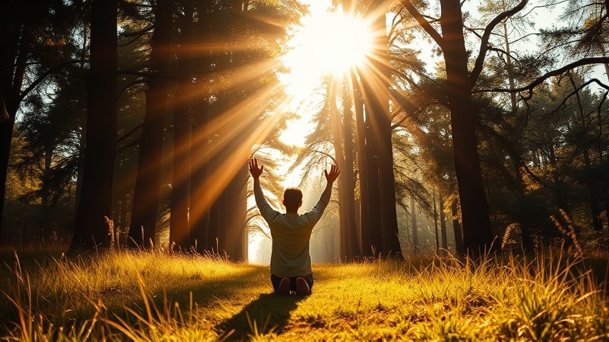 A peaceful moment of spiritual breakthroughs in nature, as a figure kneels in prayer.