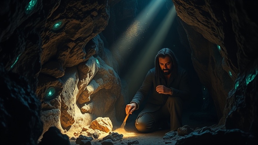 A miner kneeling in a gem-filled cave, seeking hidden treasures and spiritual insights.