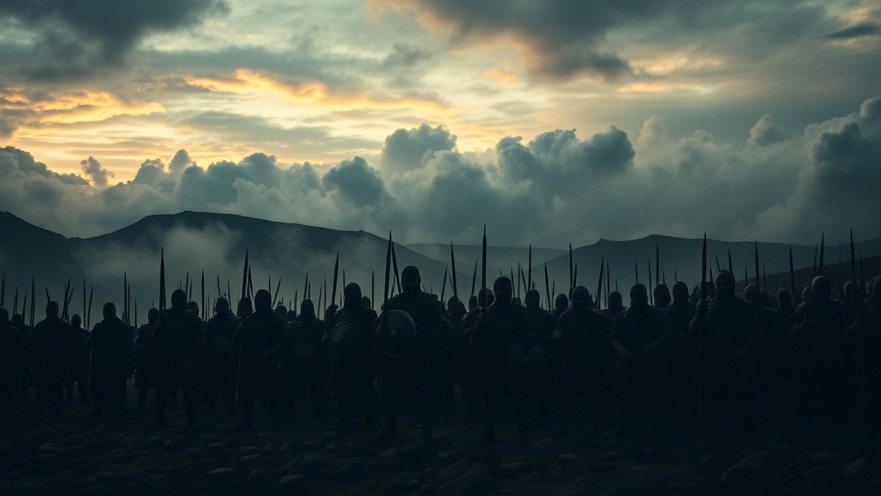 A cinematic portrayal of warriors uniting for spiritual warfare amid dark hills, embodying the revival movement.