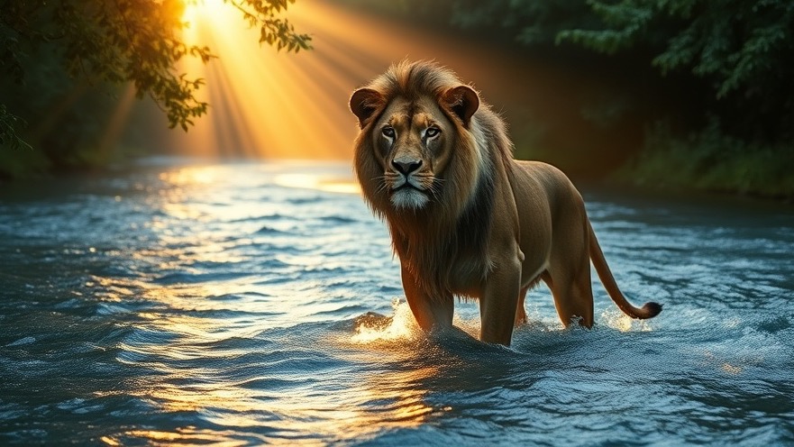 A majestic lion symbolizes supernatural blessings in a serene stream bathed in golden light.