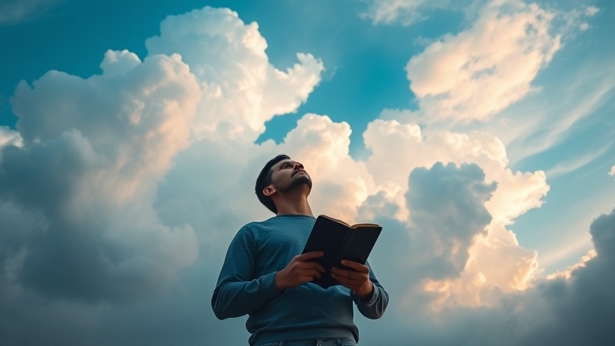 Individual reflecting on biblical prophecy under a glowing sky, symbols of rapture and faith.