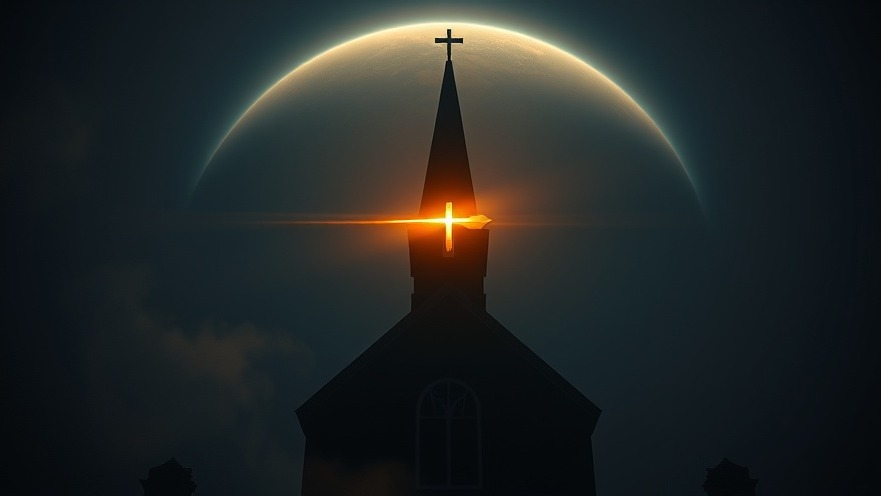 Cinematic church silhouette under a glowing planet, embodying spiritual authority and faith.