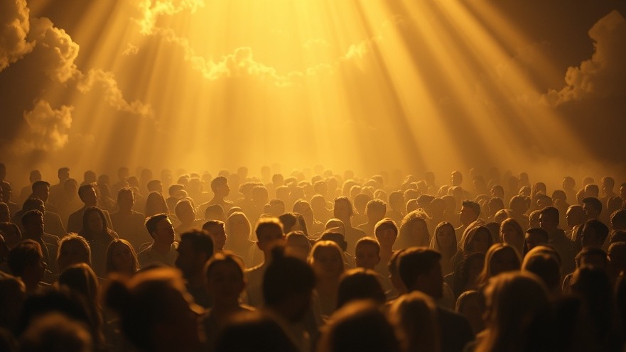 Gathered crowd in a glowing heavenly scene reflecting prophetic discernment and spiritual awakening.