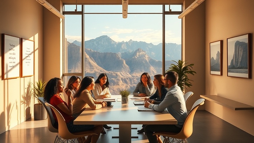 Diverse professionals discussing prophetic guidance in a warm, inspiring office.