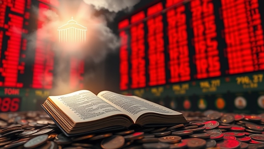 A glowing Bible amidst a stormy stock market, symbolizing faith during financial challenges.