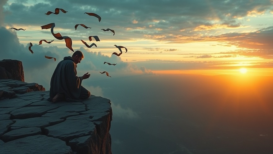 James Goll's prophetic voice depicted: a prophet praying at dawn on a cliff.